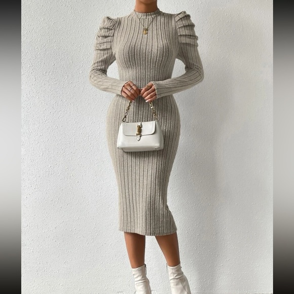 Elegant Mock Neck Puff Long Sleeve Ribbed Knit Bodycon Dress - Picture 11 of 16